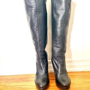 Women's Black Leather Knee-High Platform Boots Made In Italy